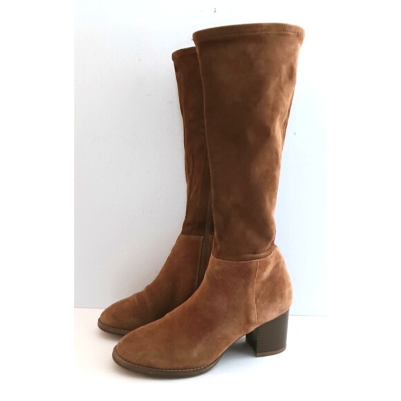 Blondo Camel Suede Waterproof Block Heel Boot Soft Stretch Shaft Round Toe 8.5 - Picture 1 of 14